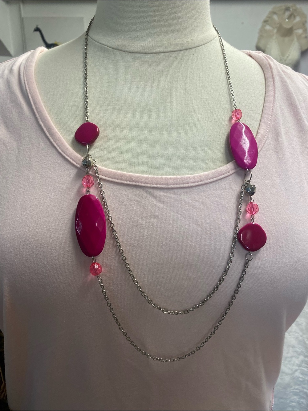 Pink Fuschia color- oval Bead resin material-Layered Necklace -silver tone chain